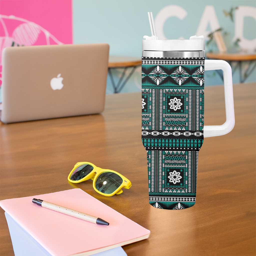 Fiji Masi Tapa Pattern Teal Tumbler With Handle - Polynesian Pride
