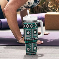 Fiji Masi Tapa Pattern Teal Tumbler With Handle - Polynesian Pride