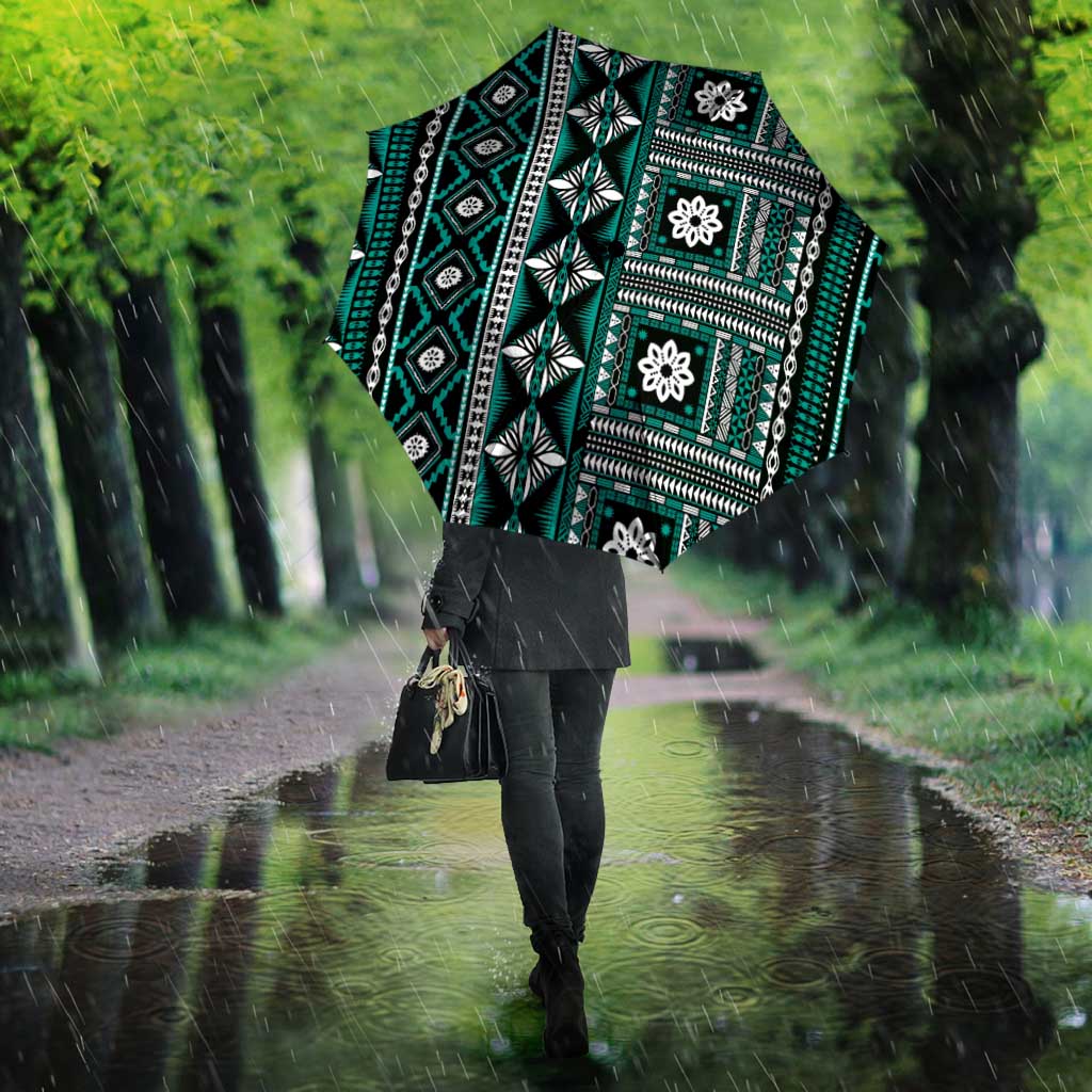 Fiji Masi Tapa Pattern Teal Umbrella - Polynesian Pride