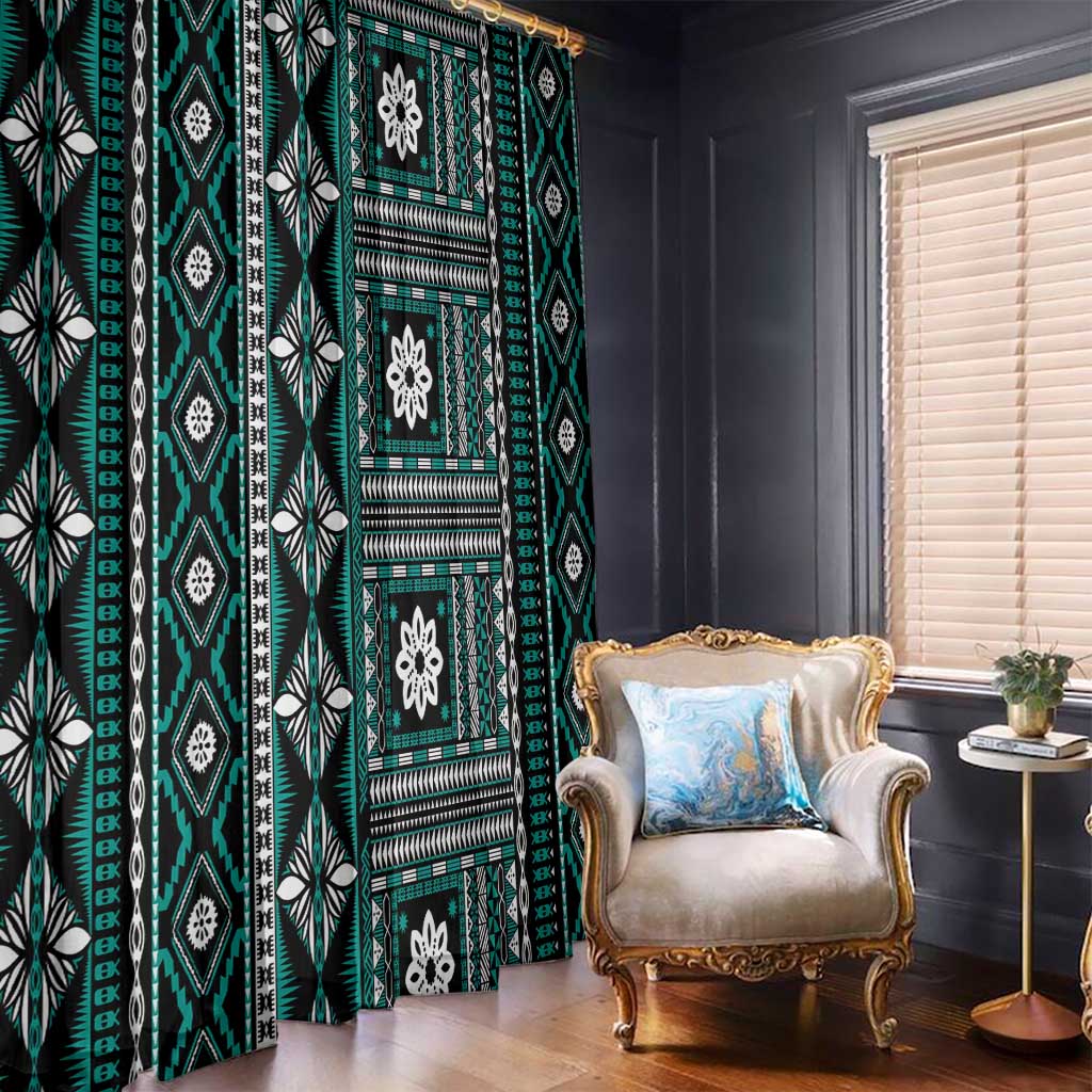 Fiji Masi Tapa Pattern Teal Window Curtain - Polynesian Pride