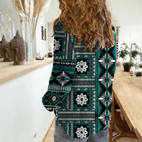 Fiji Masi Tapa Pattern Teal Women Casual Shirt - Polynesian Pride