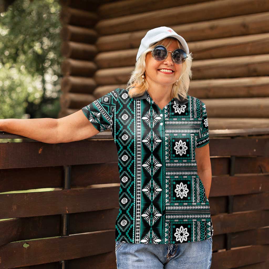 Fiji Masi Tapa Pattern Teal Women Polo Shirt - Polynesian Pride