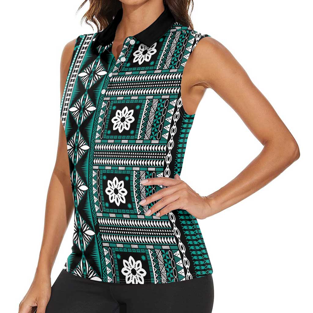 Fiji Masi Tapa Pattern Teal Women Sleeveless Polo Shirt - Polynesian Pride