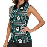 Fiji Masi Tapa Pattern Teal Women Sleeveless Polo Shirt - Polynesian Pride