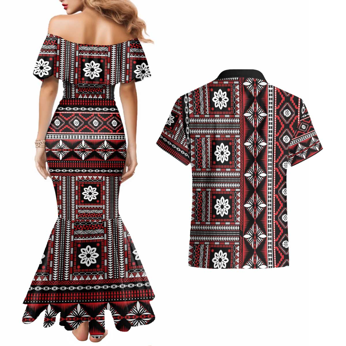 Fiji Masi Tapa Pattern Red Couples Matching Mermaid Dress and Hawaiian Shirt LT01 - Polynesian Pride