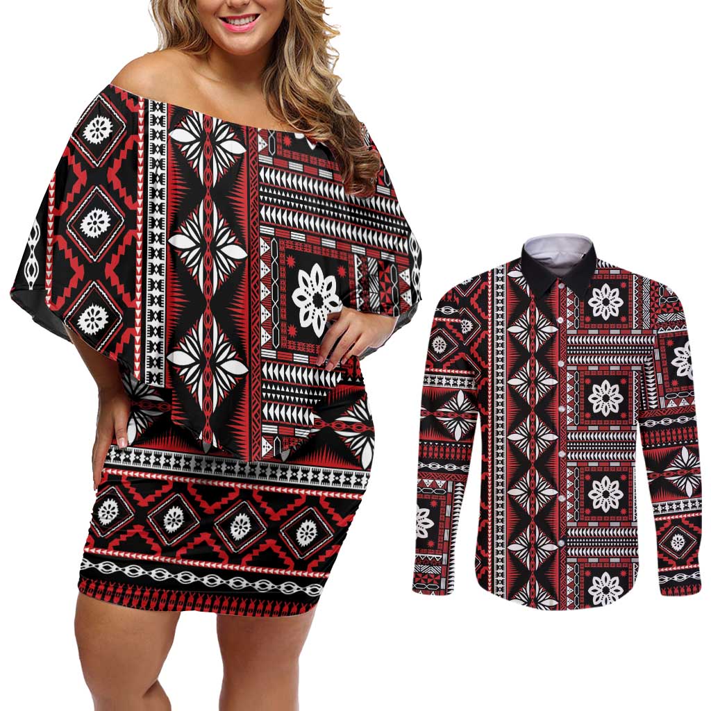 Fiji Masi Tapa Pattern Red Couples Matching Off Shoulder Short Dress and Long Sleeve Button Shirt - Polynesian Pride