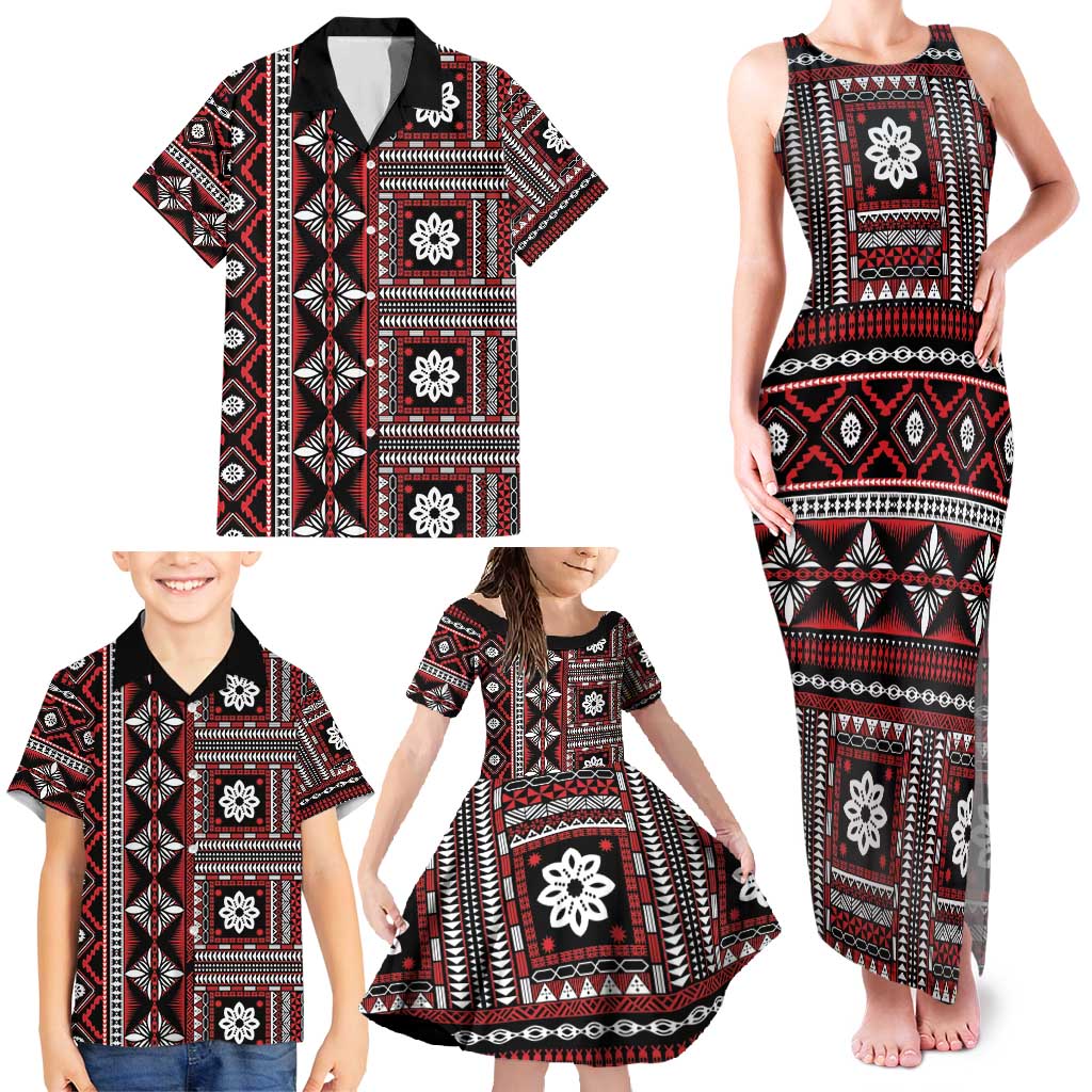 Fiji Masi Tapa Pattern Red Family Matching Tank Maxi Dress and Hawaiian Shirt - Polynesian Pride