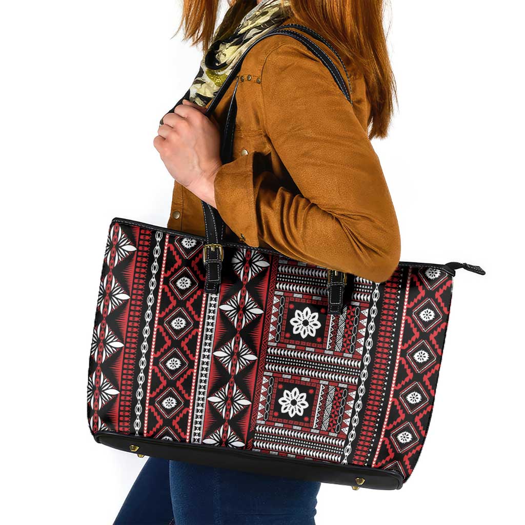 Fiji Masi Tapa Pattern Red Leather Tote Bag - Polynesian Pride