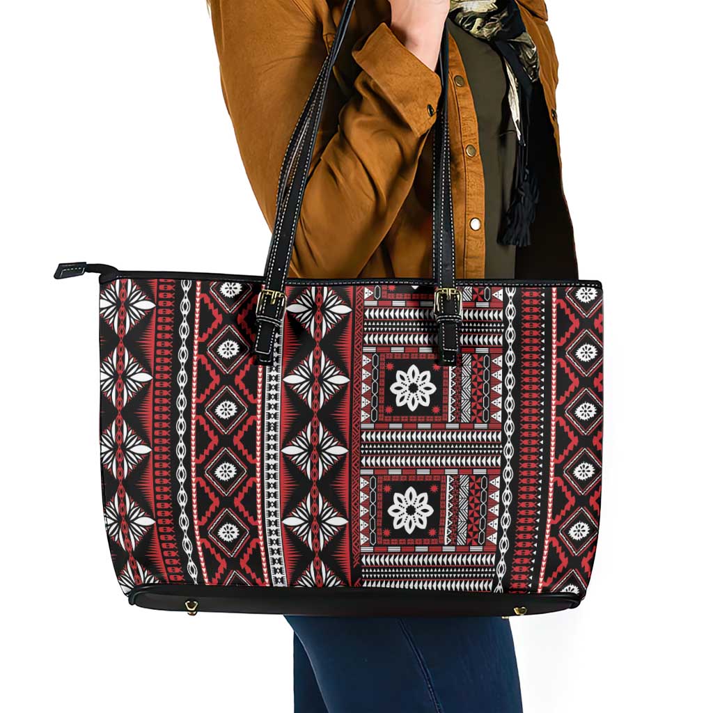 Fiji Masi Tapa Pattern Red Leather Tote Bag - Polynesian Pride