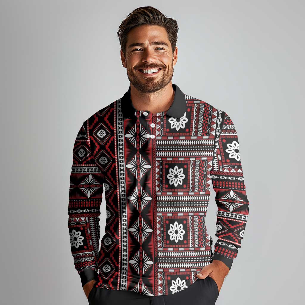 Fiji Masi Tapa Pattern Red Long Sleeve Polo Shirt - Polynesian Pride