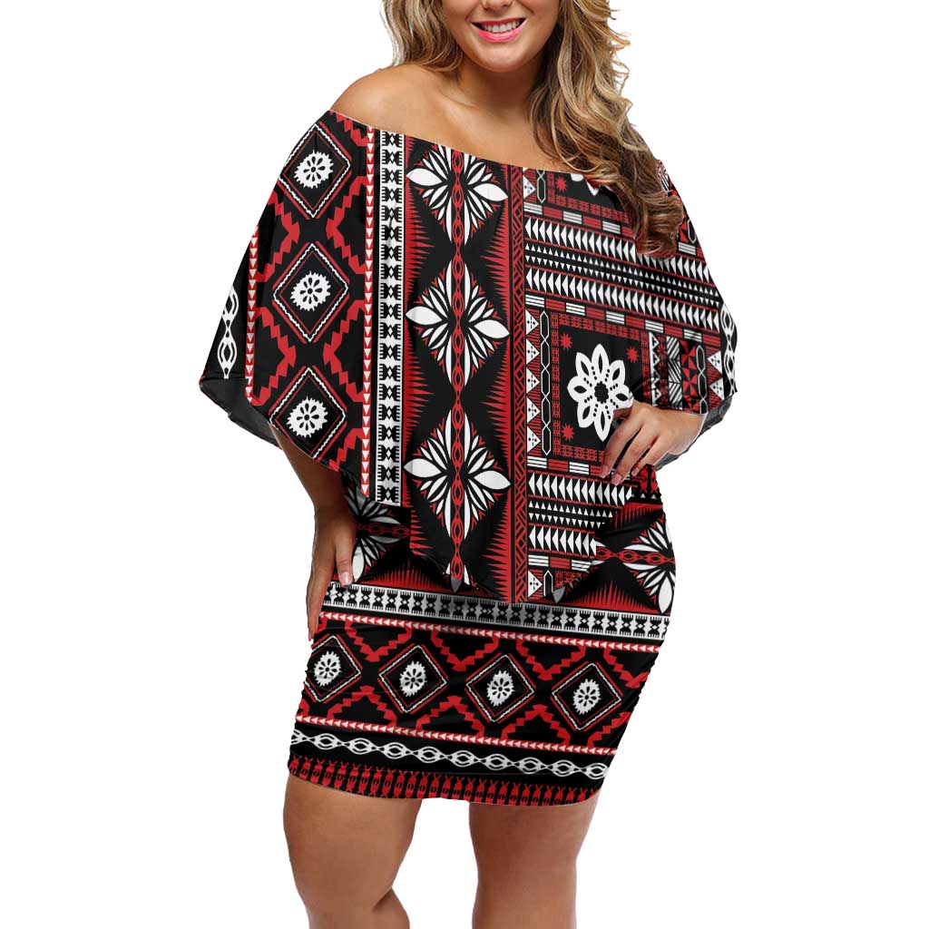 Fiji Masi Tapa Pattern Red Off Shoulder Short Dress - Polynesian Pride
