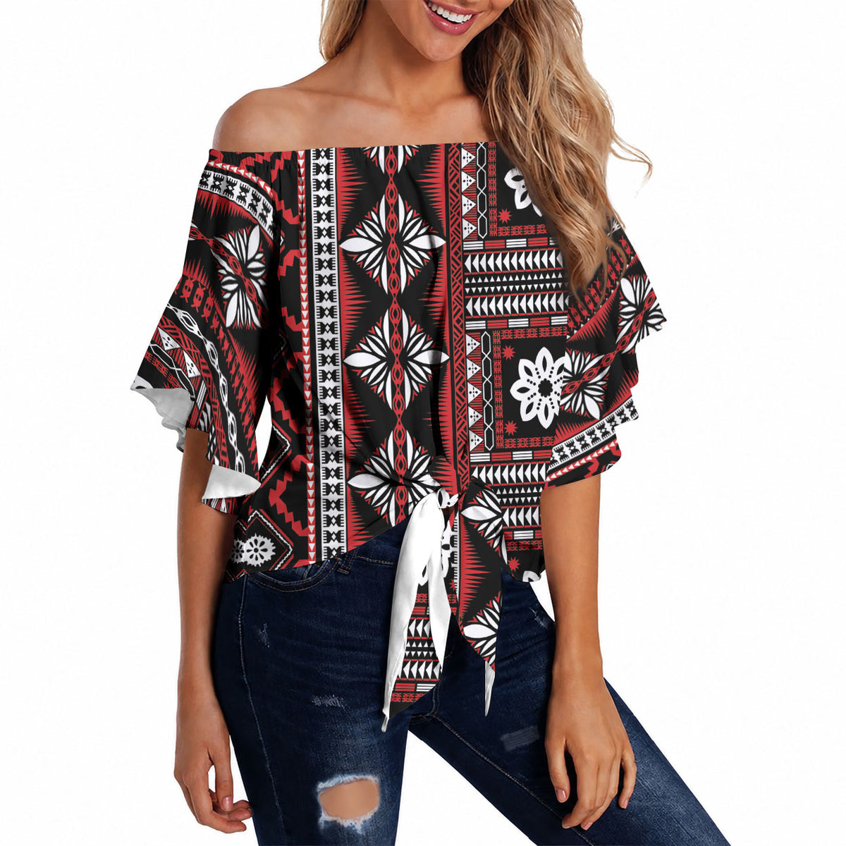 Fiji Masi Tapa Pattern Red Off Shoulder Wrap Waist Top LT01 - Polynesian Pride