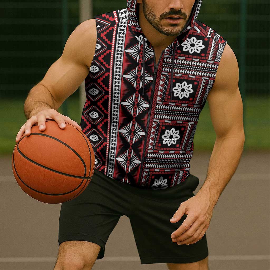 Fiji Masi Tapa Pattern Red Sleeveless Zip Hoodie - Polynesian Pride
