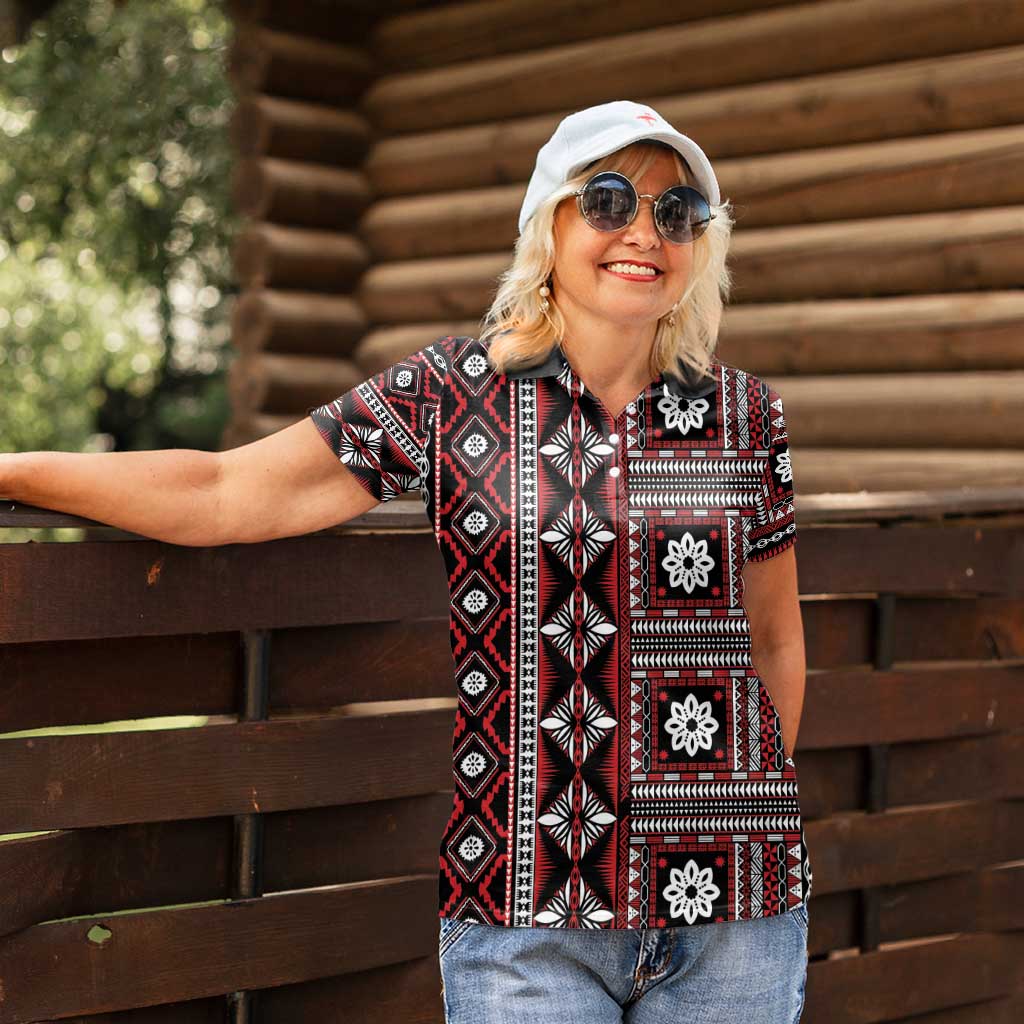 Fiji Masi Tapa Pattern Red Women Polo Shirt - Polynesian Pride