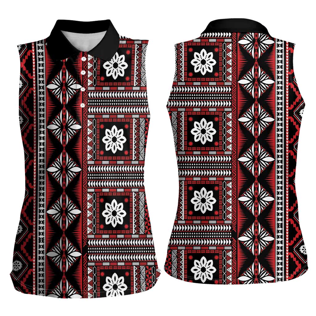 Fiji Masi Tapa Pattern Red Women Sleeveless Polo Shirt - Polynesian Pride