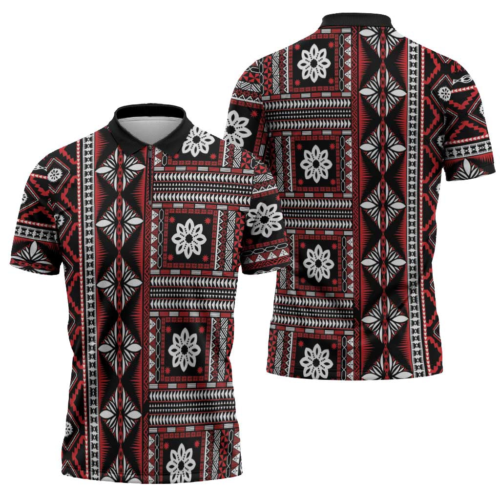 Fiji Masi Tapa Pattern Red Zipper Polo Shirt - Polynesian Pride