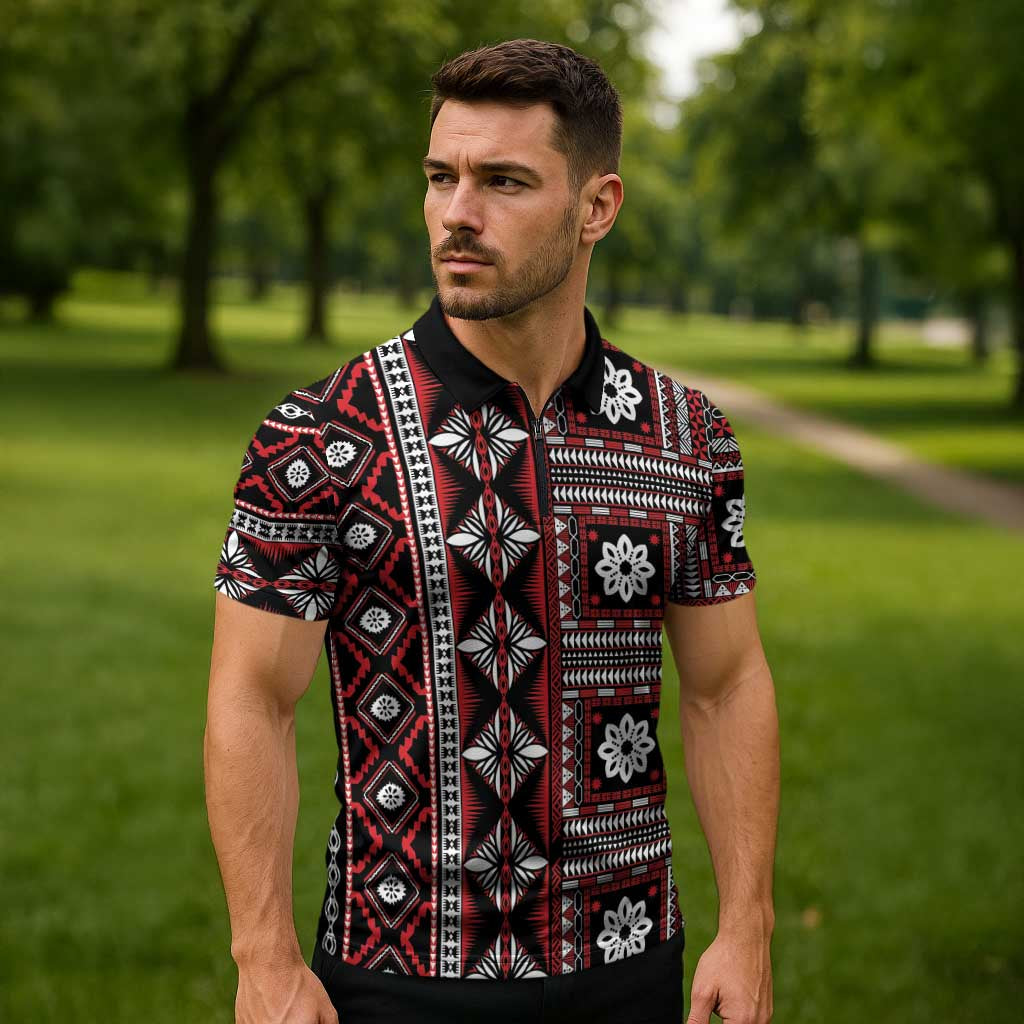 Fiji Masi Tapa Pattern Red Zipper Polo Shirt - Polynesian Pride