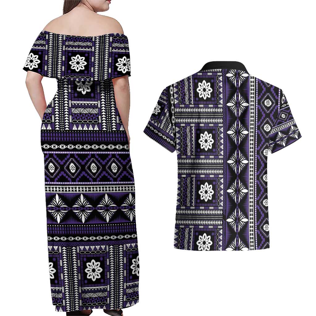 Fiji Masi Tapa Pattern Purple Couples Matching Off Shoulder Maxi Dress and Hawaiian Shirt - Polynesian Pride