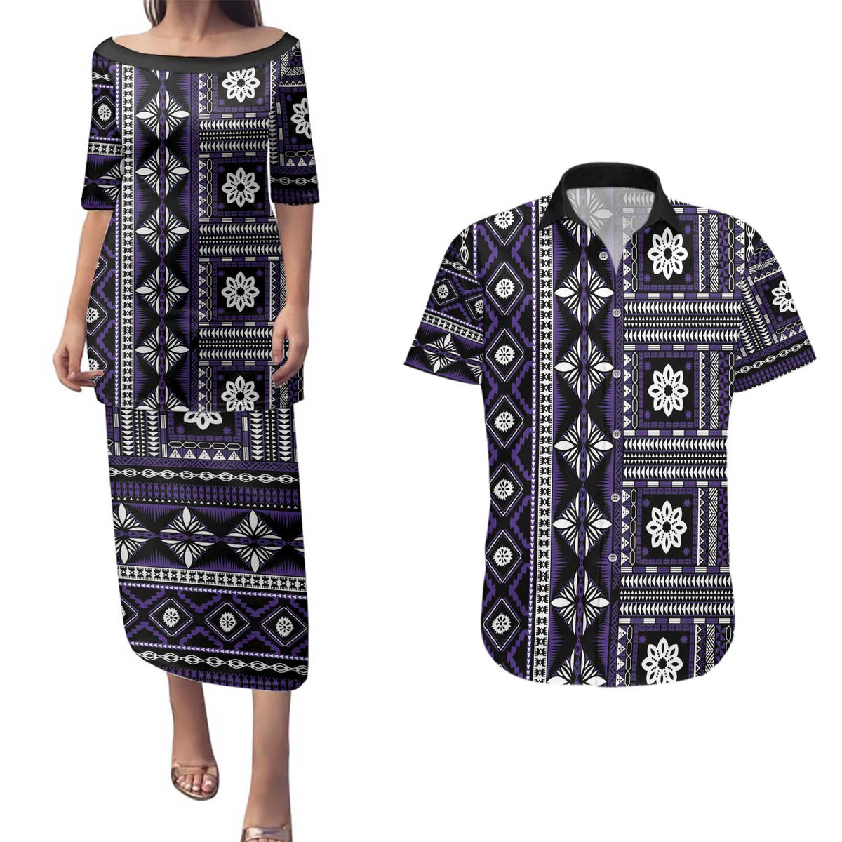 Fiji Masi Tapa Pattern Purple Couples Matching Puletasi and Hawaiian Shirt - Polynesian Pride