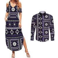 Fiji Masi Tapa Pattern Purple Couples Matching Summer Maxi Dress and Long Sleeve Button Shirt LT01 Purple - Polynesian Pride