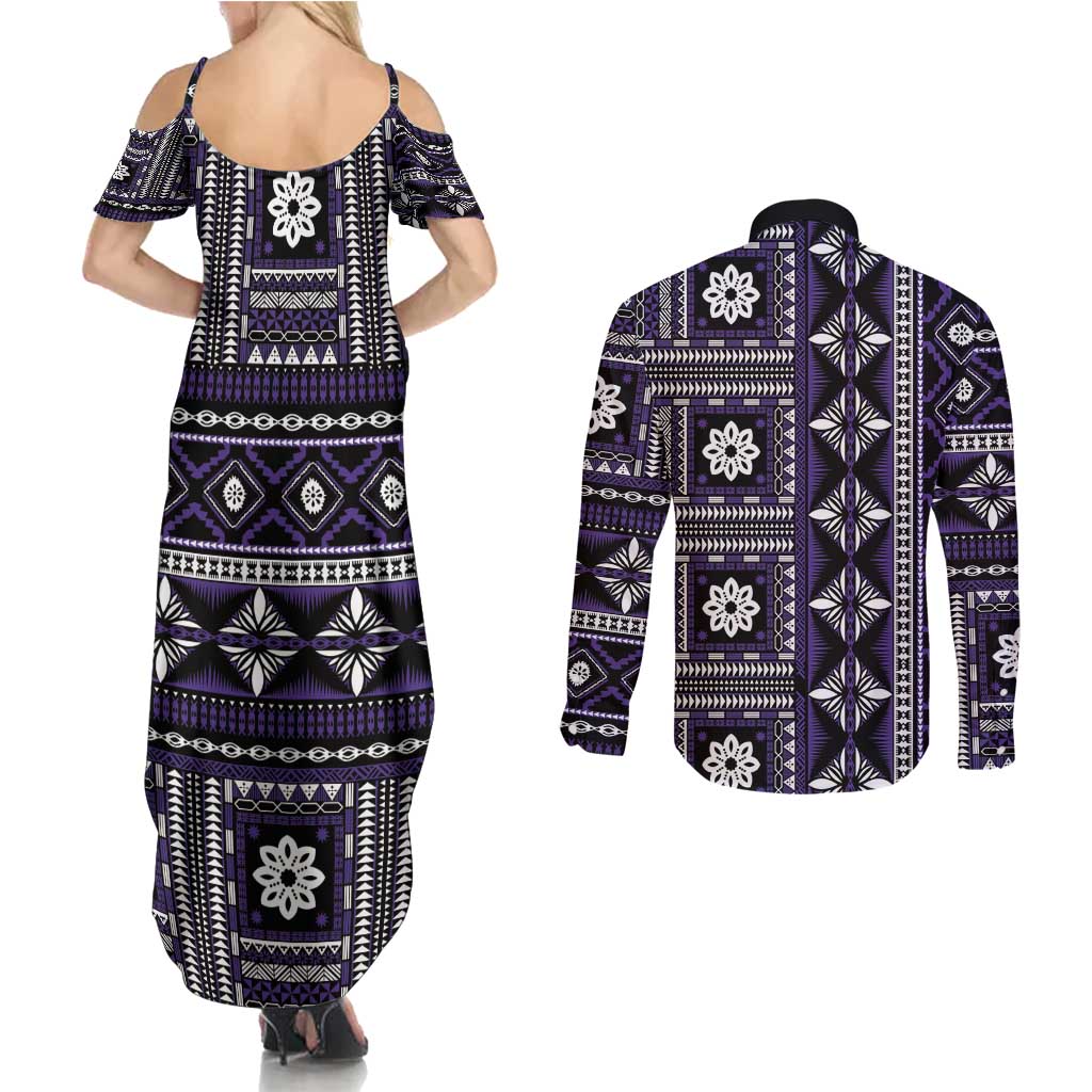 Fiji Masi Tapa Pattern Purple Couples Matching Summer Maxi Dress and Long Sleeve Button Shirt LT01 - Polynesian Pride