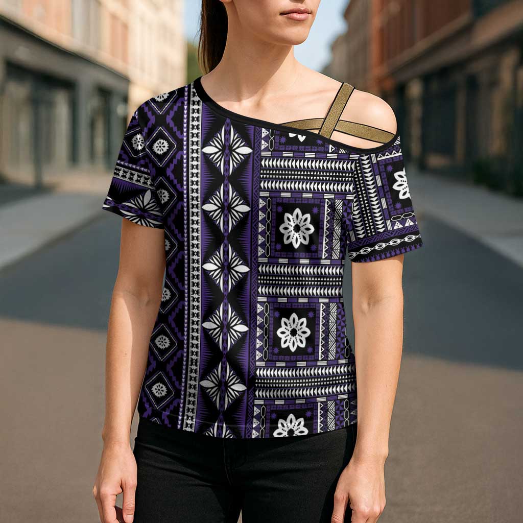 Fiji Masi Tapa Pattern Purple Cross Shoulder Shirt - Polynesian Pride