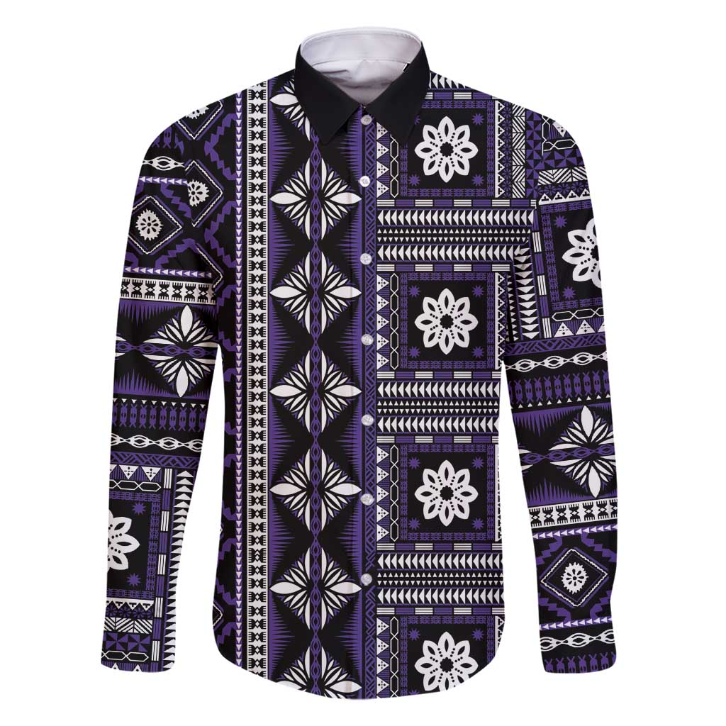 Fiji Masi Tapa Pattern Purple Family Matching Long Sleeve Bodycon Dress and Hawaiian Shirt - Polynesian Pride