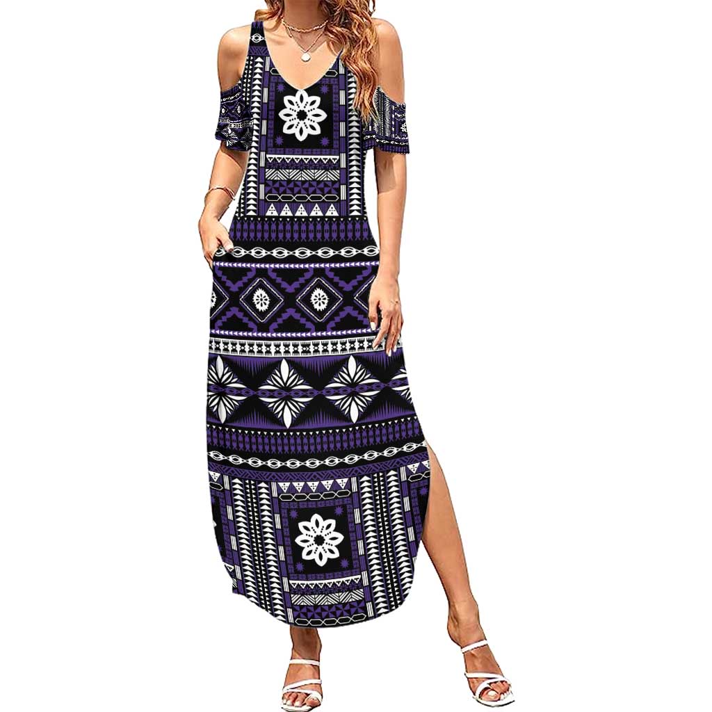Fiji Masi Tapa Pattern Purple Family Matching Summer Maxi Dress and Hawaiian Shirt - Polynesian Pride