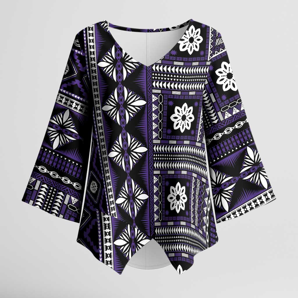 Fiji Masi Tapa Pattern Purple Kimono Sleeve Blouse - Polynesian Pride