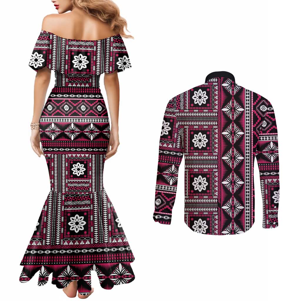 Fiji Masi Tapa Pattern Pink Couples Matching Mermaid Dress and Long Sleeve Button Shirt - Polynesian Pride