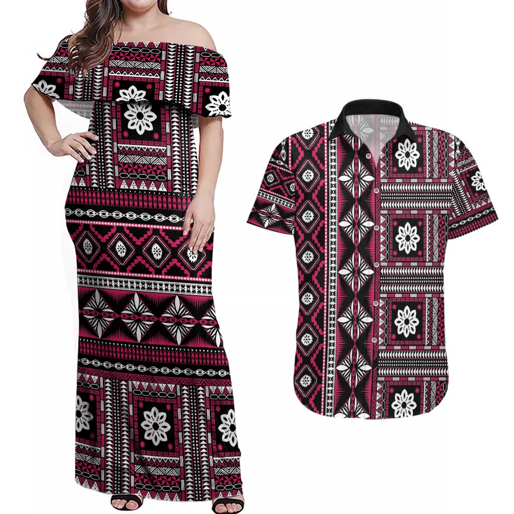 Fiji Masi Tapa Pattern Pink Couples Matching Off Shoulder Maxi Dress and Hawaiian Shirt LT01 Pink - Polynesian Pride