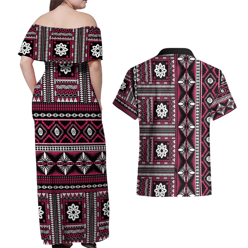 Fiji Masi Tapa Pattern Pink Couples Matching Off Shoulder Maxi Dress and Hawaiian Shirt LT01 - Polynesian Pride