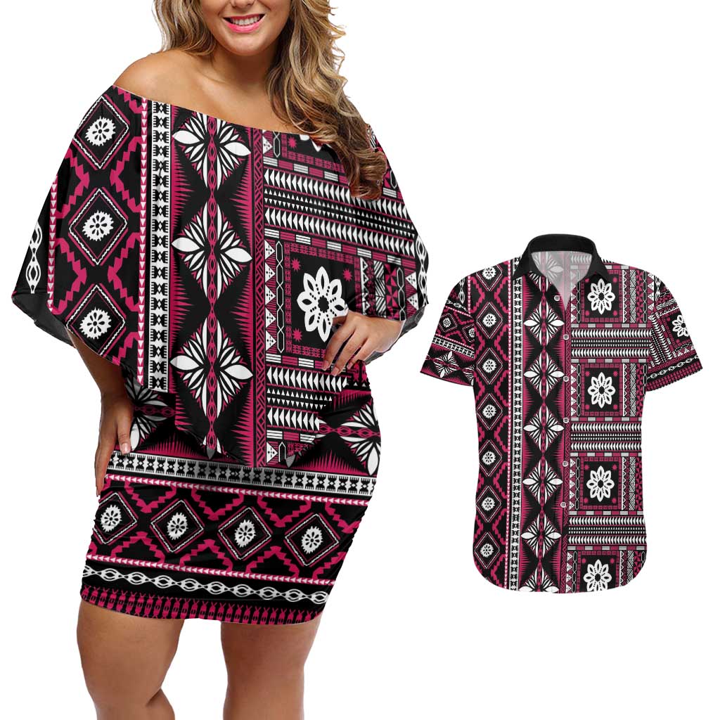 Fiji Masi Tapa Pattern Pink Couples Matching Off Shoulder Short Dress and Hawaiian Shirt - Polynesian Pride
