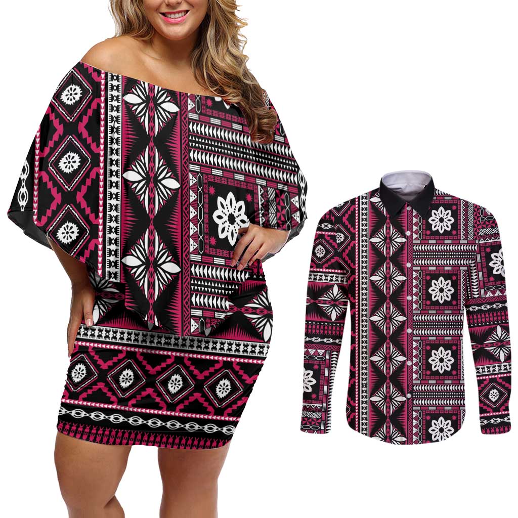 Fiji Masi Tapa Pattern Pink Couples Matching Off Shoulder Short Dress and Long Sleeve Button Shirt - Polynesian Pride