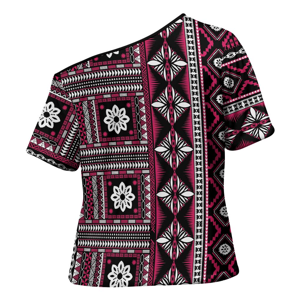 Fiji Masi Tapa Pattern Pink Cross Shoulder Shirt - Polynesian Pride