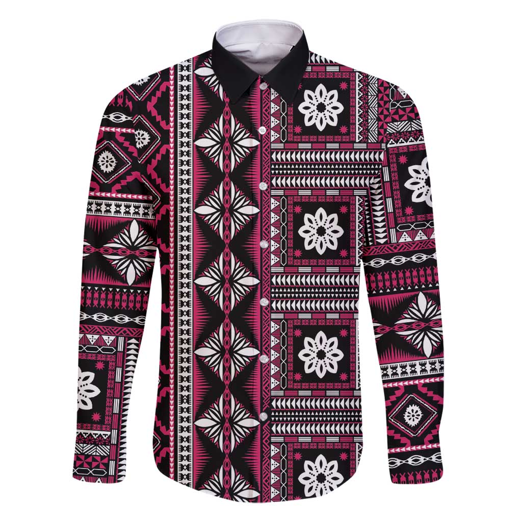 Fiji Masi Tapa Pattern Pink Family Matching Long Sleeve Bodycon Dress and Hawaiian Shirt - Polynesian Pride