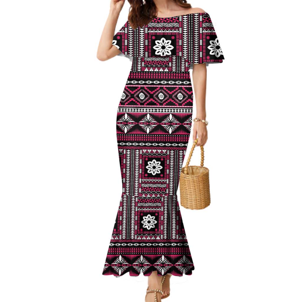 Fiji Masi Tapa Pattern Pink Family Matching Mermaid Dress and Hawaiian Shirt - Polynesian Pride