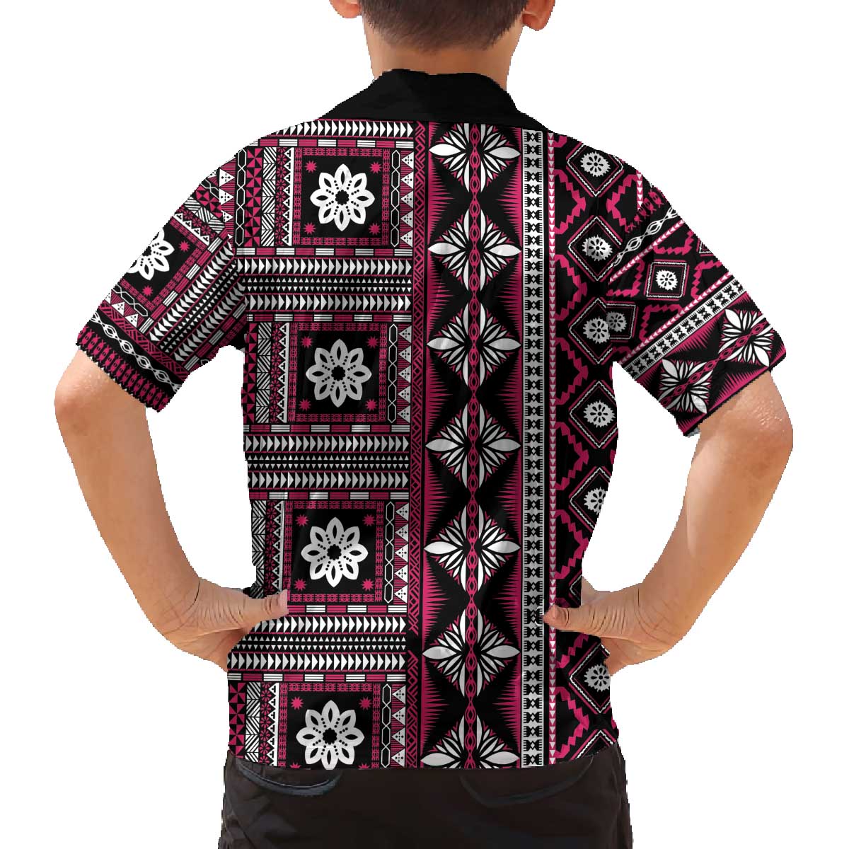 Fiji Masi Tapa Pattern Pink Family Matching Off The Shoulder Long Sleeve Dress and Hawaiian Shirt - Polynesian Pride