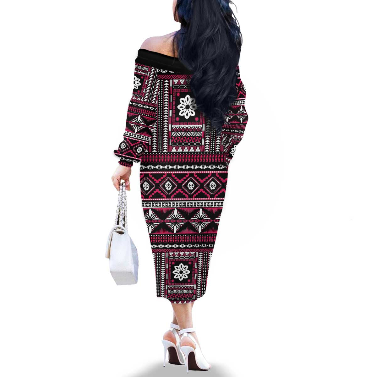 Fiji Masi Tapa Pattern Pink Family Matching Off The Shoulder Long Sleeve Dress and Hawaiian Shirt - Polynesian Pride
