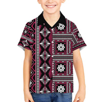 Fiji Masi Tapa Pattern Pink Family Matching Off The Shoulder Long Sleeve Dress and Hawaiian Shirt - Polynesian Pride