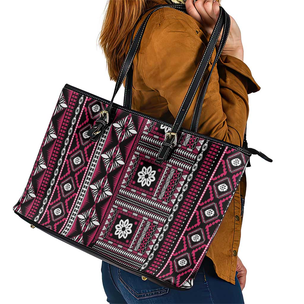 Fiji Masi Tapa Pattern Pink Leather Tote Bag - Polynesian Pride