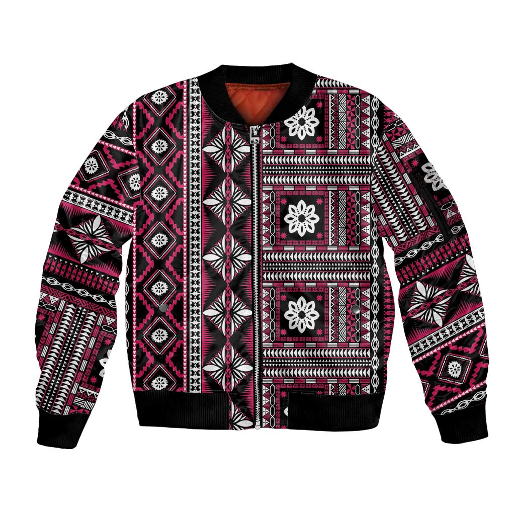 Fiji Masi Tapa Pattern Pink Sleeve Zip Bomber Jacket - Polynesian Pride