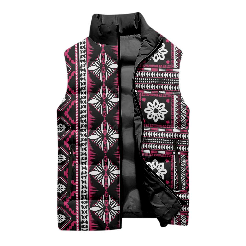 Fiji Masi Tapa Pattern Pink Sleeveless Puffer Jacket - Polynesian Pride