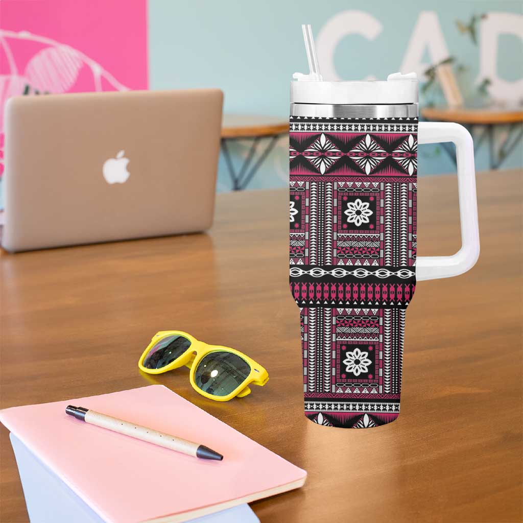 Fiji Masi Tapa Pattern Pink Tumbler With Handle - Polynesian Pride