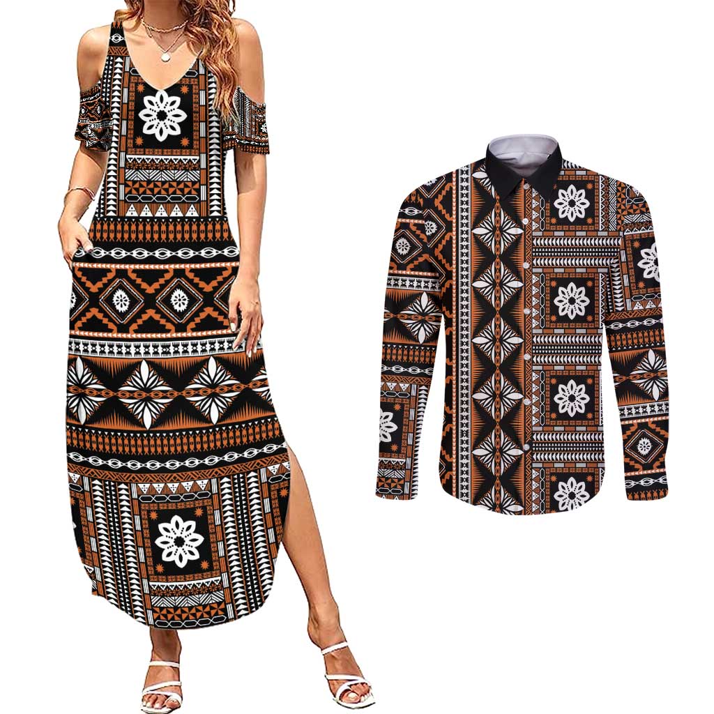 Fiji Masi Tapa Pattern Orange Couples Matching Summer Maxi Dress and Long Sleeve Button Shirt - Polynesian Pride