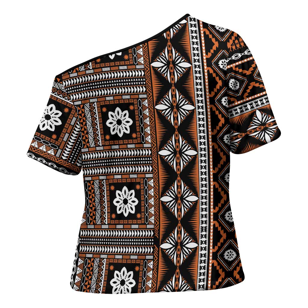Fiji Masi Tapa Pattern Orange Cross Shoulder Shirt - Polynesian Pride