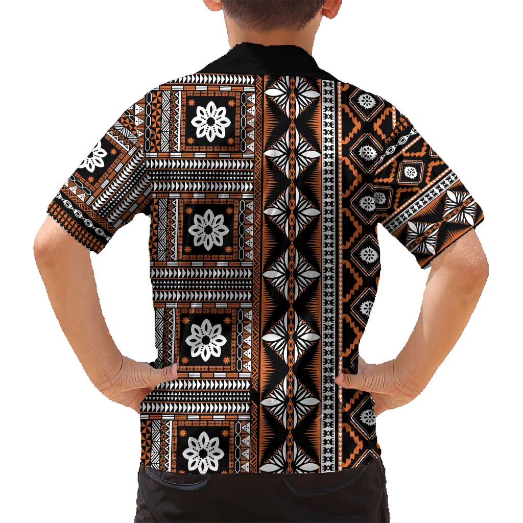 Fiji Masi Tapa Pattern Orange Family Matching Long Sleeve Bodycon Dress and Hawaiian Shirt - Polynesian Pride