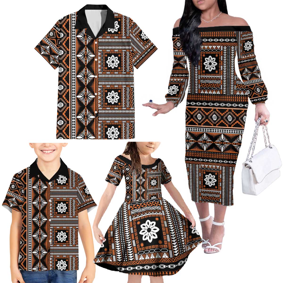 Fiji Masi Tapa Pattern Orange Family Matching Off The Shoulder Long Sleeve Dress and Hawaiian Shirt - Polynesian Pride