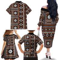 Fiji Masi Tapa Pattern Orange Family Matching Off The Shoulder Long Sleeve Dress and Hawaiian Shirt - Polynesian Pride