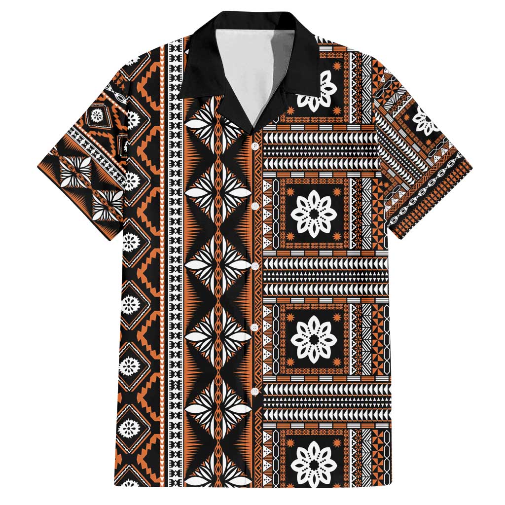 Fiji Masi Tapa Pattern Orange Family Matching Off Shoulder Short Dress and Hawaiian Shirt - Polynesian Pride